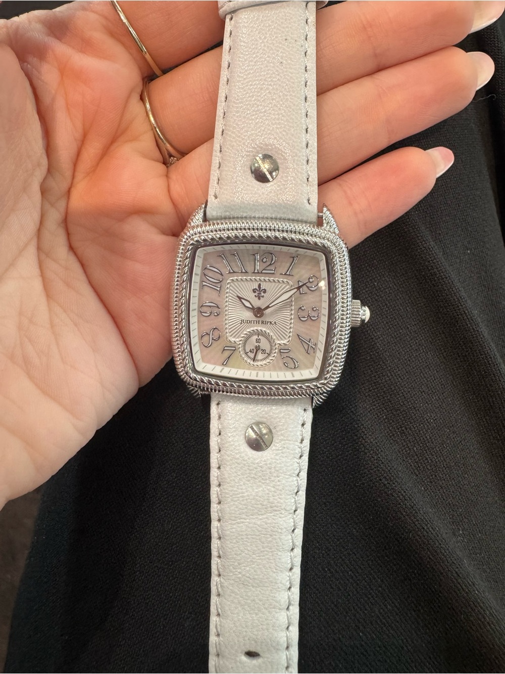 New Judith Ripka Stainless Steel Square Mother-of-Pearl Dial Watch w/ white band